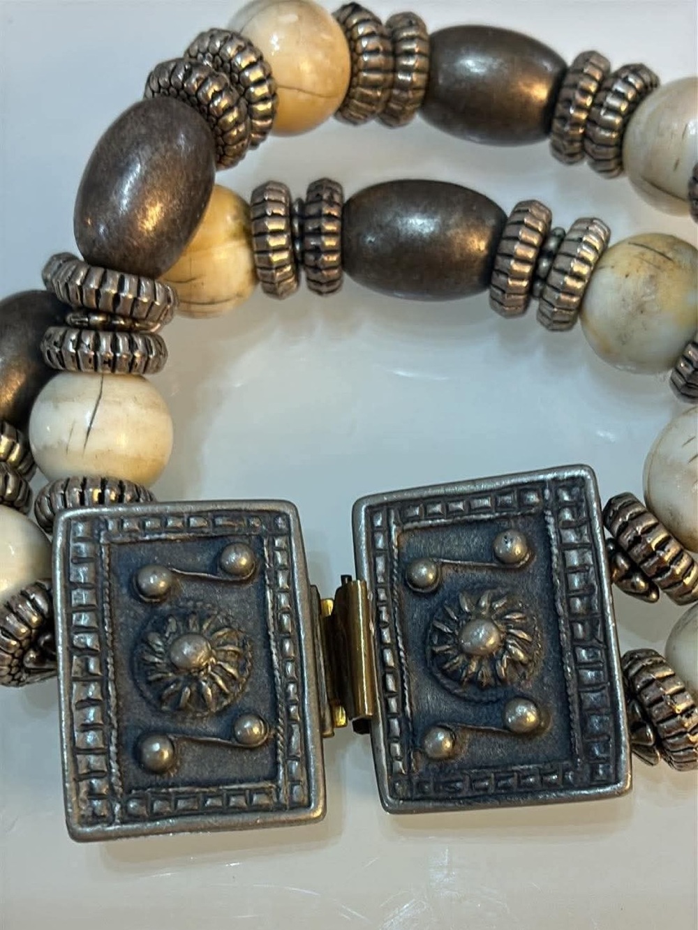 Ben Amun Beaded Double-Strand Bracelet with Antique Silver Clasp - Cream & Silve